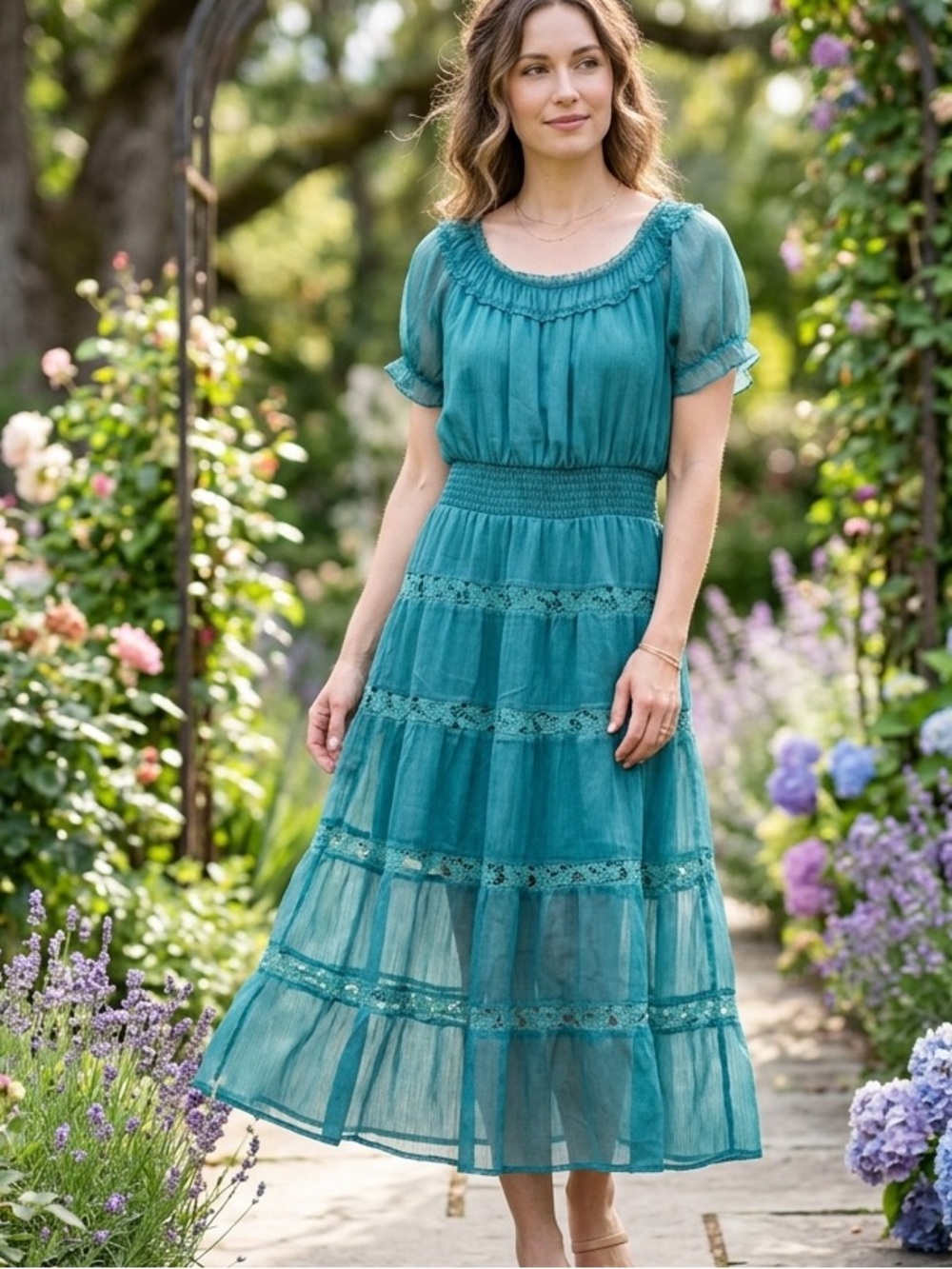 Y2K Janet Paris Green Teal Tiered Lace-Trim Sheer Soft Chiffon Dress Size Small
